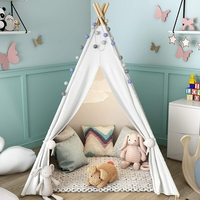 Tente TIPI Beige avec pompons colorés + 2 oreillers et tapis de jeu